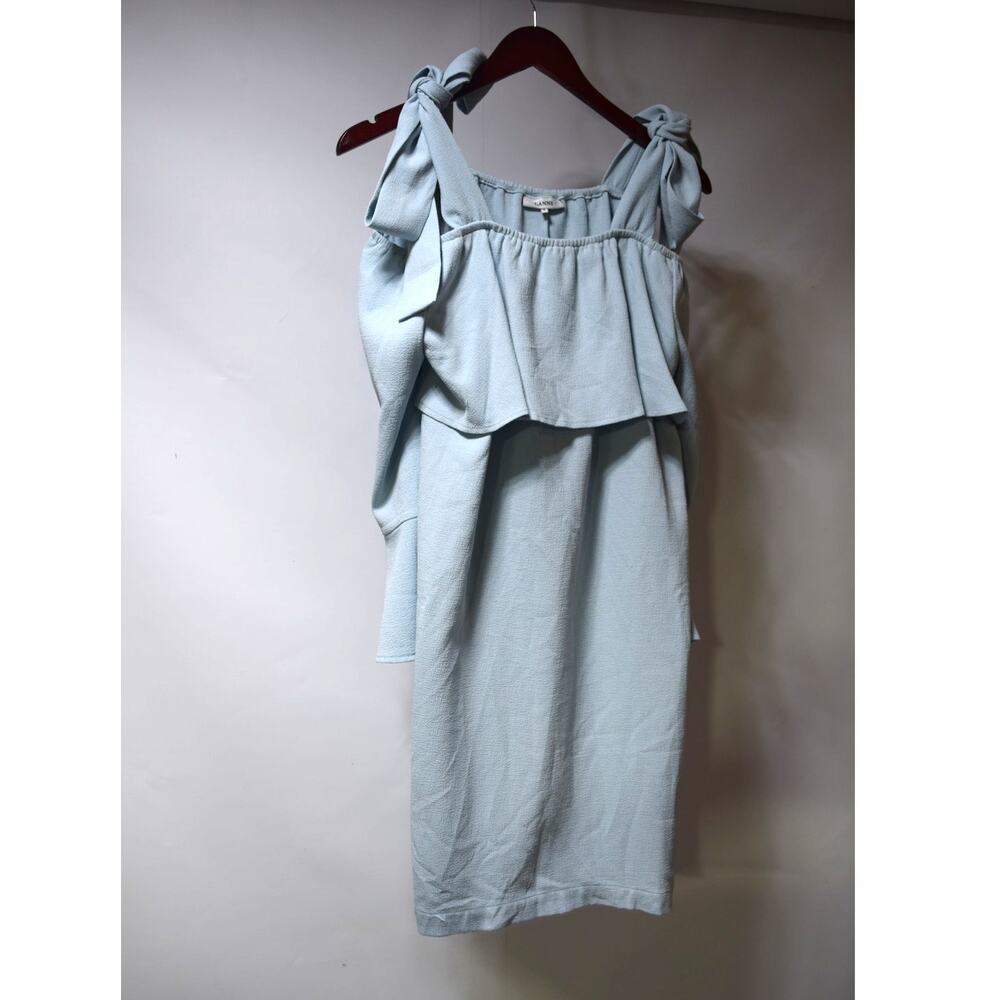 GANNI Light Blue Tie Shoulder Ruffle Mini Dress Medium